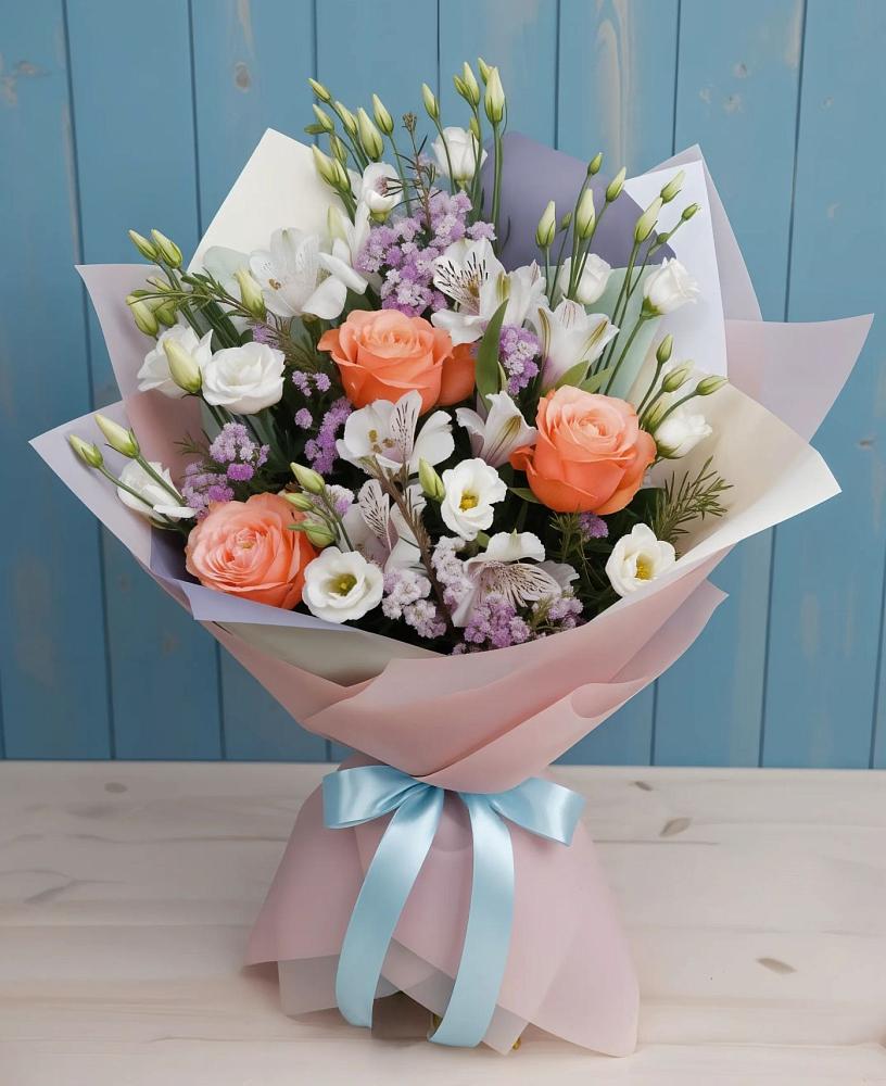 Букет цветов из: Лизиантусы, Розы, Альстромерии и Гипсофила в Красногорской