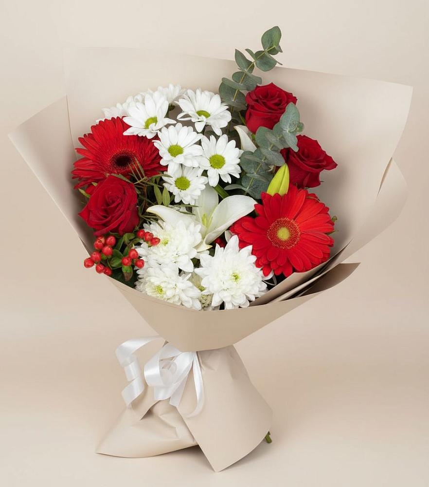 Букет цветов из: Розы, Хризантемы, Герберы и Лилии в Красногорской