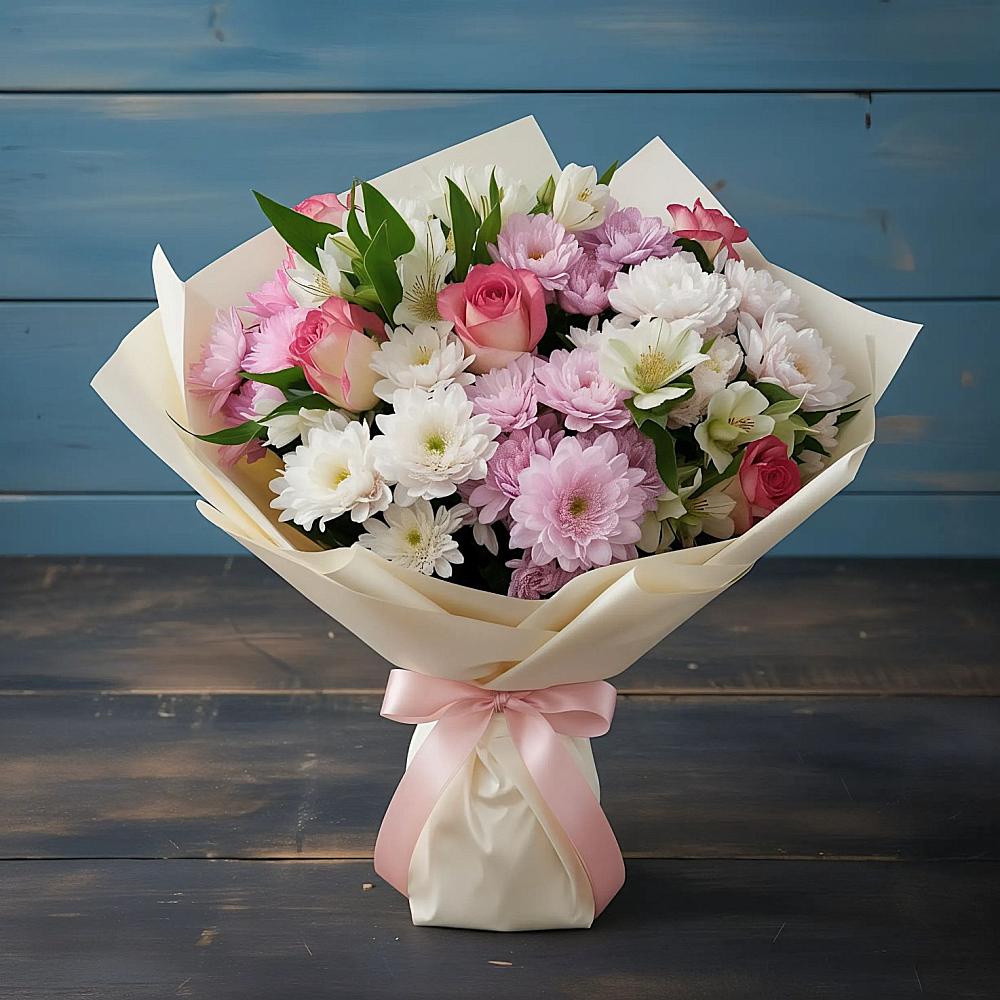 Букет цветов из: Хризантемы, Альстромерии и Розы в Красногорской